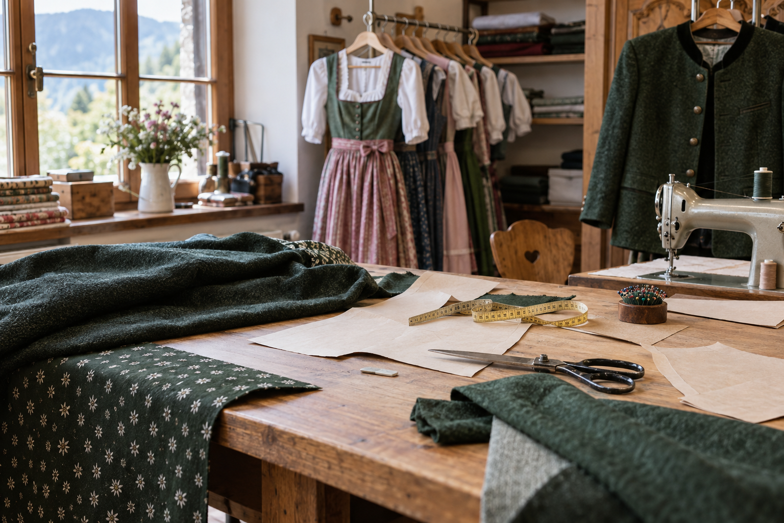 Schneidertisch mit Stoffen, Schnittmustern, Dirndl und Lodenjacke
